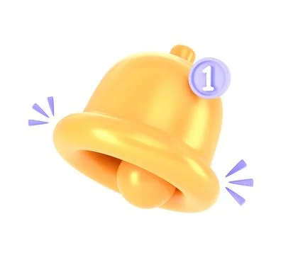 Notification bell, yellow unread message in social media 3d render. Reminder in Stock Illustration