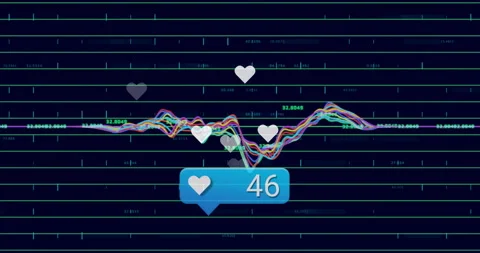 Notification bubble showing heart count moving over grid with waveform weaving Stock Footage 307443315