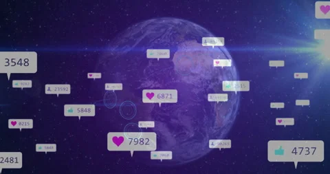 Notification bubble sliding from left sparking social icons drifting past Earth Video stock 311050861