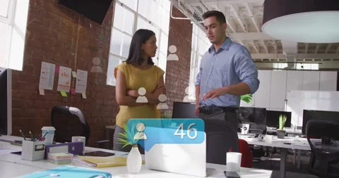 Notification bubble updating, man gesturing and woman listening, icons stacking Video stock 331833119