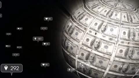 Notification callouts appearing left drifting toward money globe, counts rising Stock Footage 335314529