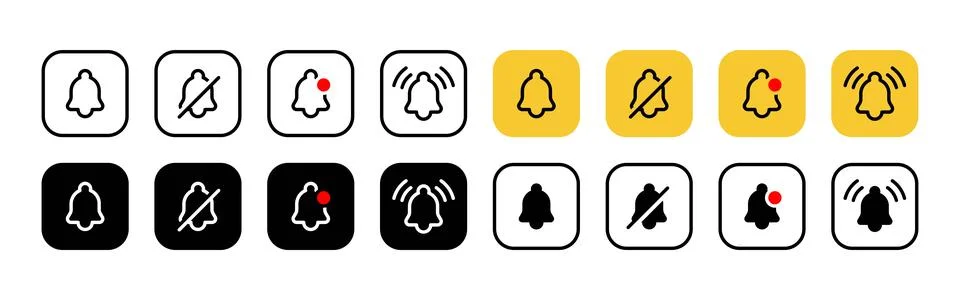 Notification icon set. Bell alert with optional silence and badge variation.. Stock Illustration