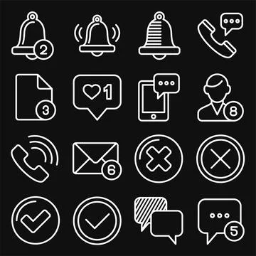 Notification Icons Set on Black Background. Line Style Vector Stock Illustration