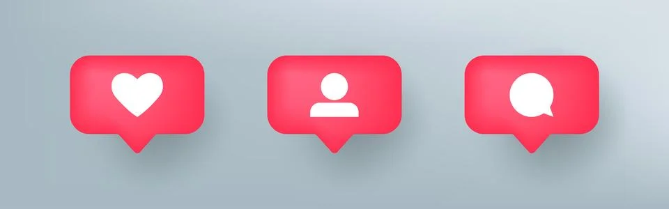 Notification icons in speech bubble.  3D button: like, comment and follower.. Stock Illustration
