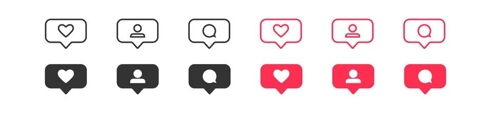 Notification icons in speech bubble. Black and red button: like, comment an.. Stock Illustration