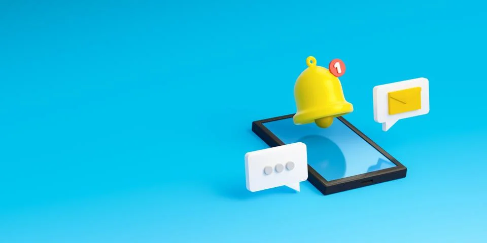 Notification message bell icon alert and alarm on blue background Stock Illustration