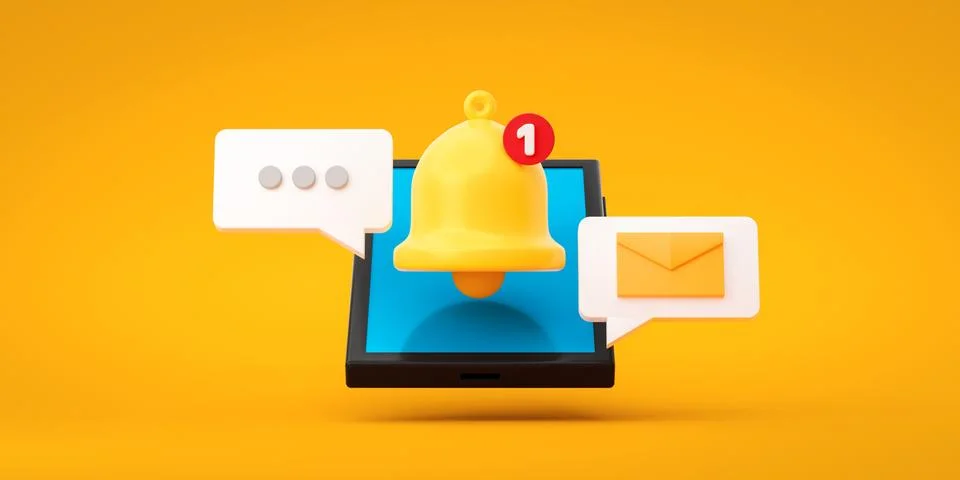 Notification message bell icon alert and alarm on yellow background Stock Illustration