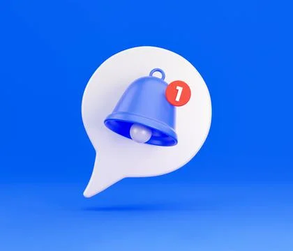 Notification message bell icon alert. White 3d speech bubble with a bell abou Stock Illustration