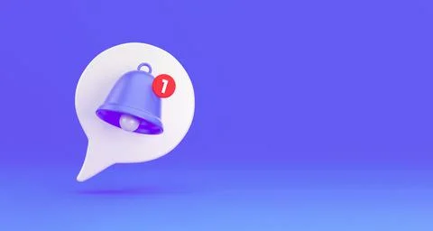 Notification message bell icon alert. White 3d speech bubble with a bell abou Stock Illustration