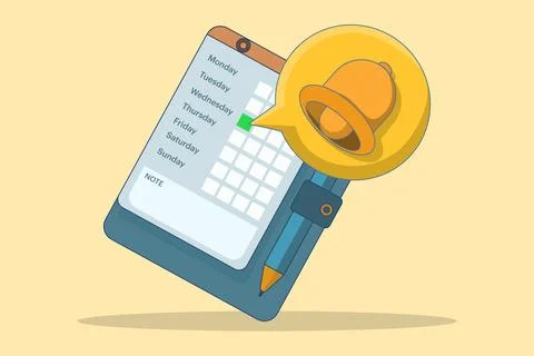 Notification or reminder concept, Calendar with golden bell reminding appointmen Stock Illustration