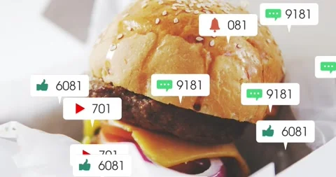 Notifications appearing on sesame burger, floating up and obscuring bun, showing Stock Footage 331503251