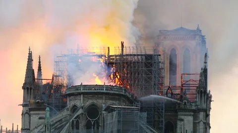 Notre Dame Burning on the Sunset Stock Footage 291820217