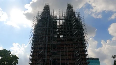 Notre-Dame Cathedral Basilica under clouds motion summer sky Stock Footage 153139913
