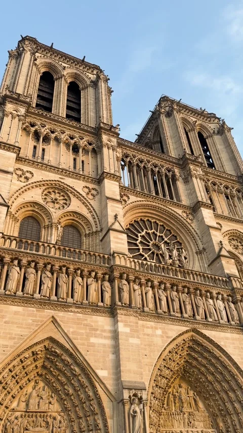 Notre Dame Cathedral Facade Lit by Sunset in Paris, France Vertical Video Video stock 342044470
