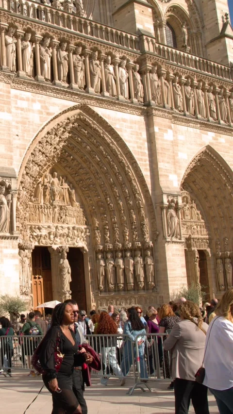 Notre Dame Cathedral Gothic Facade with Tourists in Paris France Stock Footage 344939669