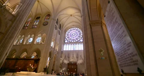 Notre Dame Cathedral interior tilt down view of famous landmark, Paris, France Stock Footage 322154008