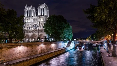 Notre Dame cathedral in Paris time lapse at night Stock Footage 119035237