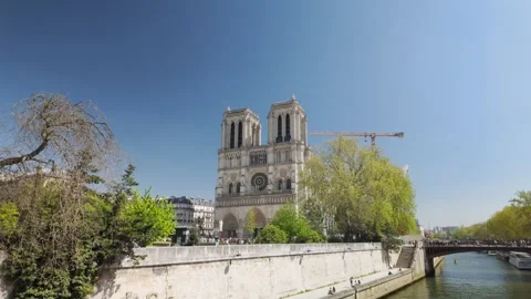 Notre Dame Cathedral rising over the Seine River in Paris Stock Footage 313475450