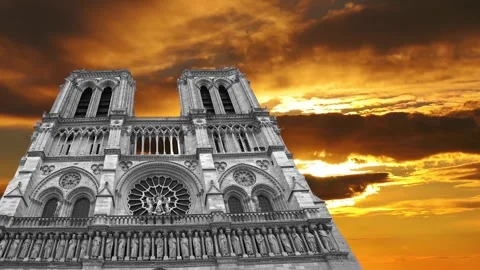 Notre Dame de Paris against the sunset (time lapse, with zoom), Paris, France Stock Footage 265843447