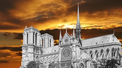 Notre Dame de Paris against the sunset (time lapse, with zoom), Paris, France Stock Footage 265843473