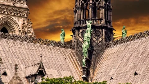 Notre Dame de Paris against the sunset (time lapse, with zoom), Paris, France Stock Footage 265843519