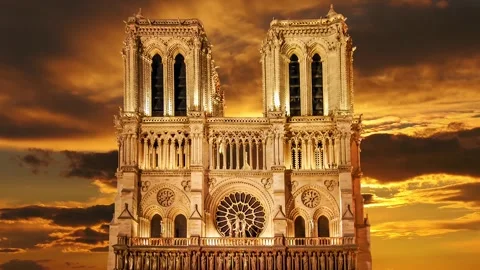 Notre Dame de Paris against the sunset (time lapse, with zoom), Paris, France Stock Footage 265843526