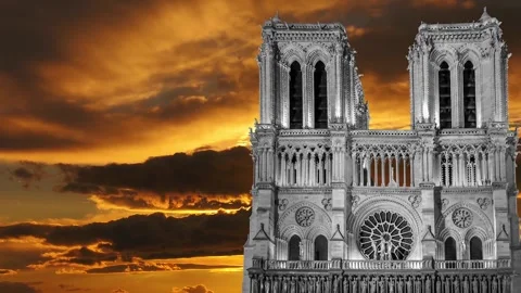 Notre Dame de Paris against the sunset (time lapse, with zoom), Paris, France Stock Footage 265843541