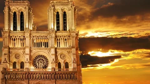 Notre Dame de Paris against the sunset (time lapse, with zoom), Paris, France Stock Footage 265843547