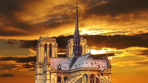 Notre Dame de Paris against the sunset (time lapse, with zoom), Paris, France Stock Footage 265843553