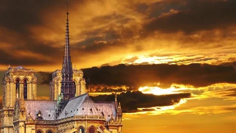 Notre Dame de Paris against the sunset (time lapse, with zoom), Paris, France Stock Footage 265843569