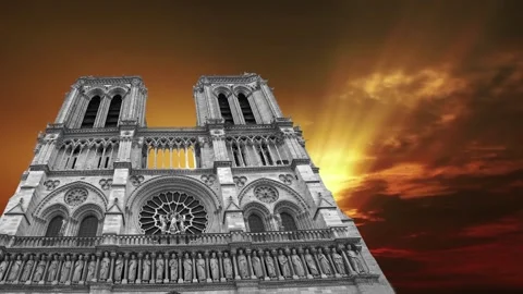 Notre Dame de Paris against the sunset (time lapse, with zoom), Paris, France Stock Footage 265843735