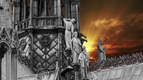 Notre Dame de Paris against the sunset (time lapse, with zoom), Paris, France Stock Footage 265843787