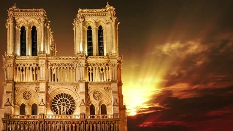Notre Dame de Paris against the sunset (time lapse, with zoom), Paris, France Stock Footage 265843896