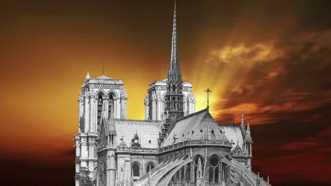Notre Dame de Paris against the sunset (time lapse, with zoom), Paris, France Stock Footage 265844045