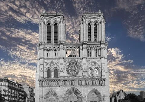 Notre Dame de Paris (against the background of sky with clouds),France 스톡 사진