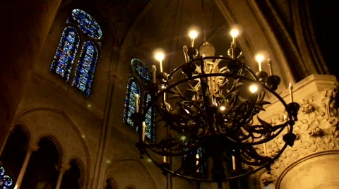 Notre Dame de Paris interior view with stained glass Stock Footage 677885