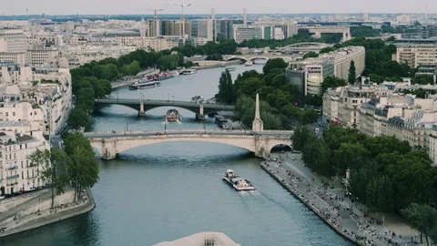 Notre Dame rooftop view along Paris Seine River, summer Stock Footage 84182989