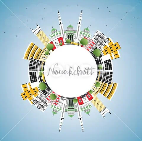 Nouakchott Mauritania City Skyline with Color Buildings, Blue Sky and Copy Sp Stock Illustration