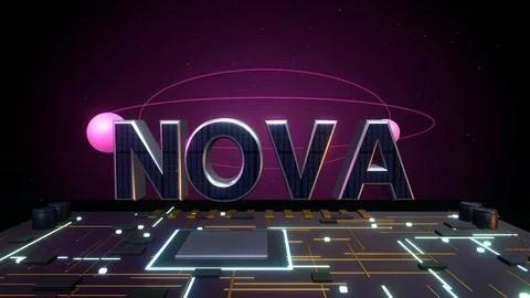NOVA 3D Text with Orbiting Planets on a Circuit Board Stock Illustration