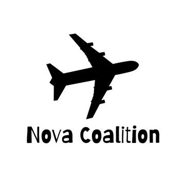 Nova coalition text in black with jet plane silhouette on white background Stock Photos