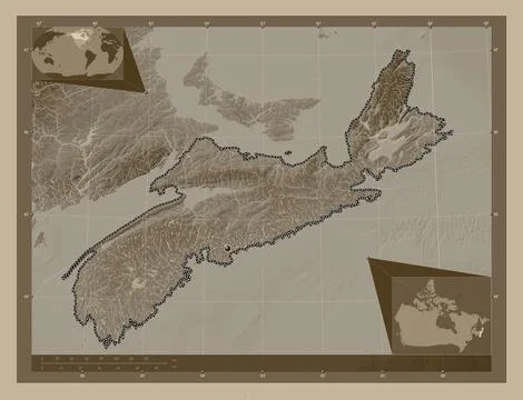 Nova Scotia, Canada. Elevation map colored in sepia tones with lakes and rive Stock Illustration