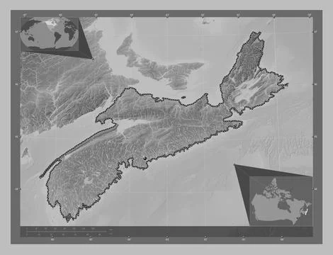 Nova Scotia, Canada. Grayscale elevation map with lakes and rivers Stock Illustration
