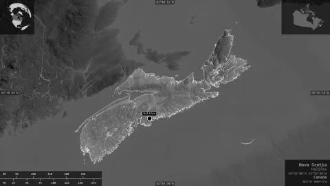 Nova Scotia, Canada. Grayscaled map with lakes and rivers Stock Illustration