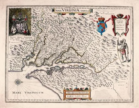 Nova Virginiae Tabula, Antique Map of Virginia and Chesapeake Bay, 17th Cen.. Stock Illustration