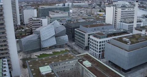 Novartis Campus Headquarter Rhine River Basel City Skyline, Switzerland Stock Footage