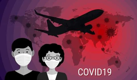 Novel coronavirus COVID-19. World map, flying airplane and people in medical  Stock Illustration