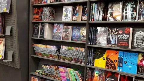 Novel stack on a bookshelf for sale Stock Footage 101020182