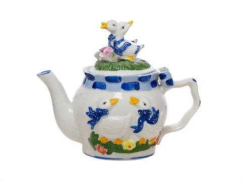 Novelty bird pattern Tea Pot isolated against white background Stock Photos