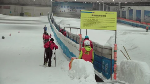 November 15, 2019, Shaoxing, China: Passenger elevator at the indoor ski resort Stock Footage 256093553