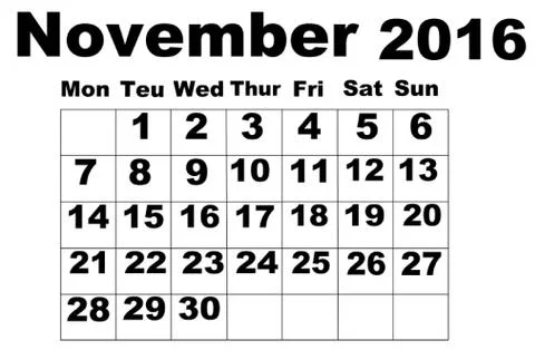 November Calendar 2016 Stock Illustration
